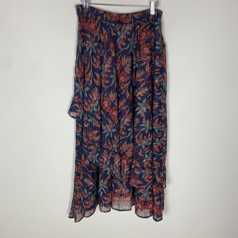 Soft Surroundings Floral Midi Skirt Metallic‎ Ruffle Tiered Small Boho